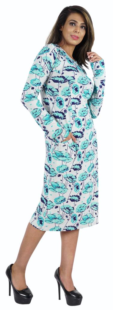 Bimba Printed Long Bodycon Dress With Pockets For Women Full Sleeves Dress Midi