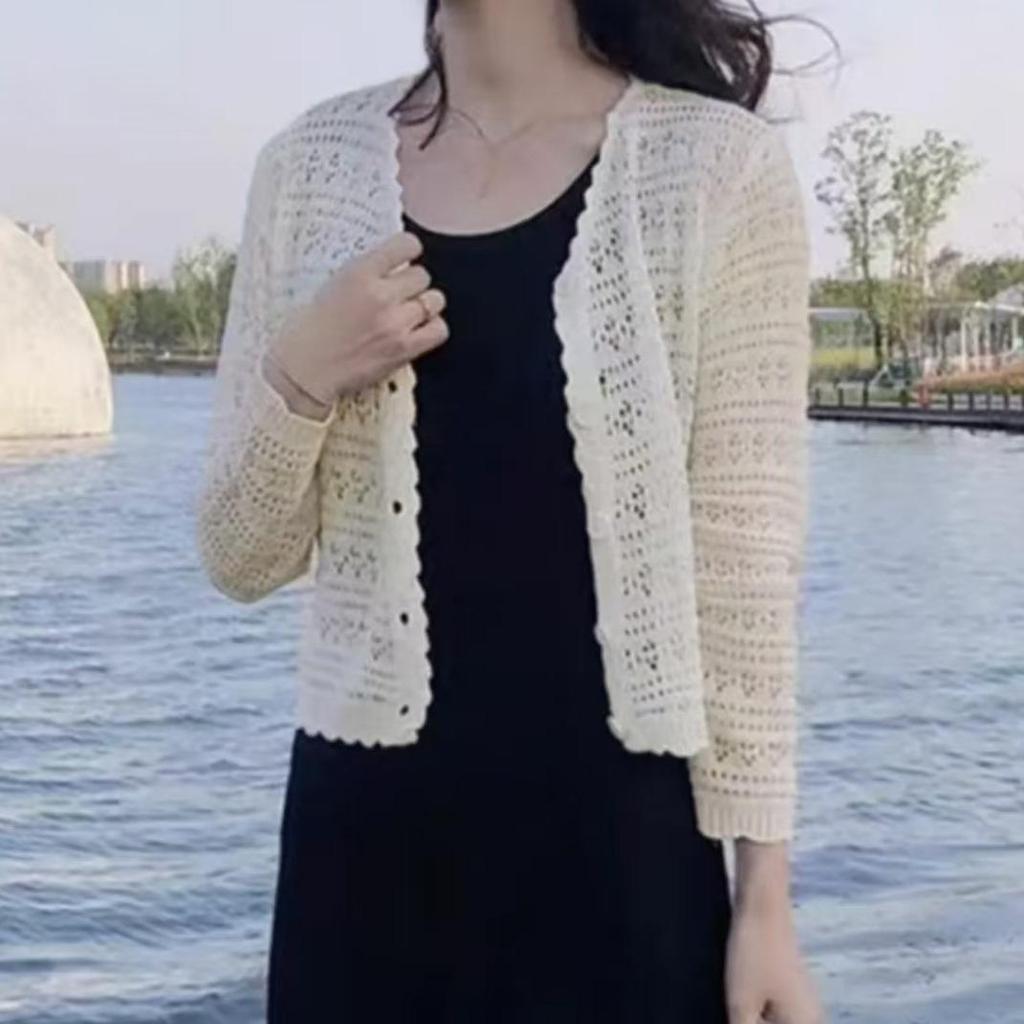 Lockerer V-Ausschnitt Häkelstrick-Cardigan - Damen Langarm Sonnenschutz für Frühling & Sommer