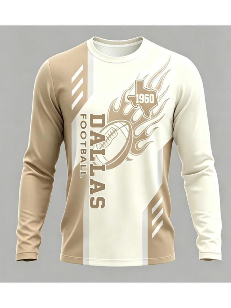Men's Long Sleeve T-shirt Featuring Dallas Football Graphics with Flames and Texas Outline, Perfect for Everyday and Active Wear