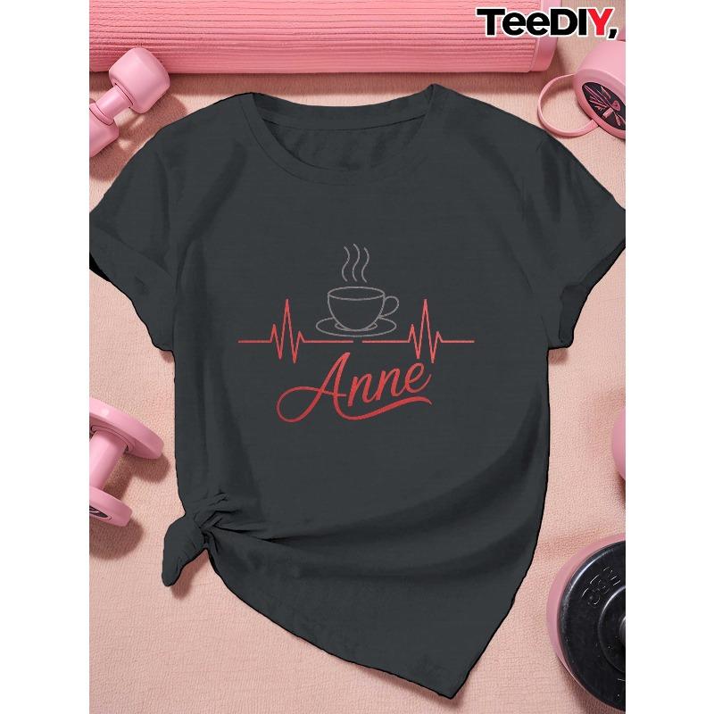 

Women S Plus Size Coffee Cup & Heartbeat Anne Graphic T-Shirt - Dark Grey with Red Lettering, Casual Round Neck Short Sleeve Top, 4XL