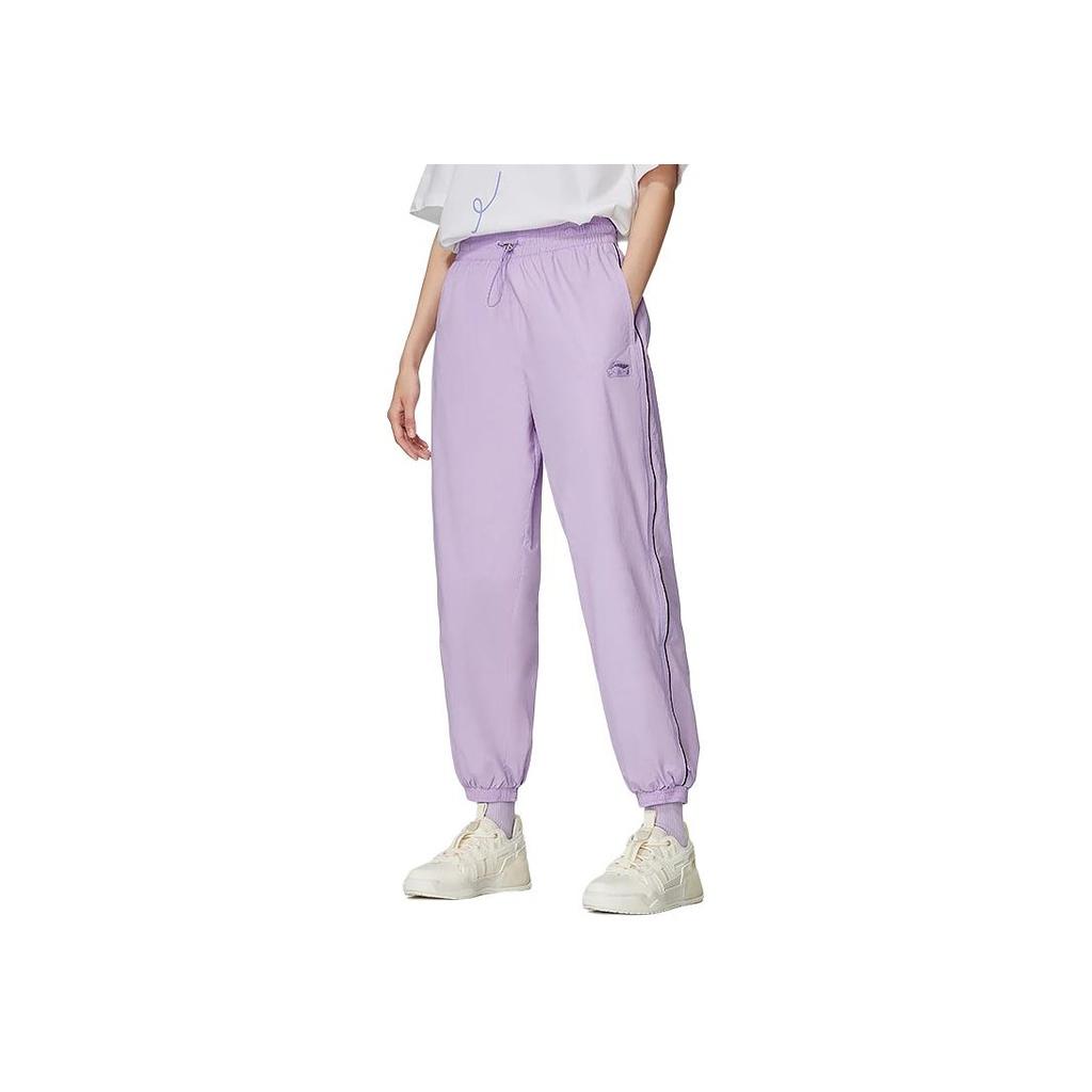 Li Ning Sports Lifestyle Series Solid Color Logo Embroidered Striped Drawstring Cuffed Knitted Joggers Women Joggers Purple AYKS774-2