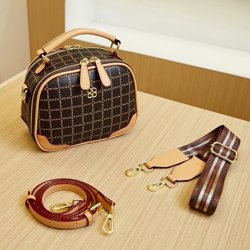 Fashion retro high-end handbag popular women's bag casual commuting versatile small round bag plaid shoulder bag