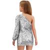 Girls Sparkling Sequins Dress One Shoulder Long Sleeve Above Knee Length Birthday Pageant Wedding Party Gown