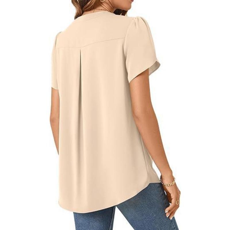 Einfaches und stilvolles lockeres V-Ausschnitt-Blusentop mit Blütenblattärmeln