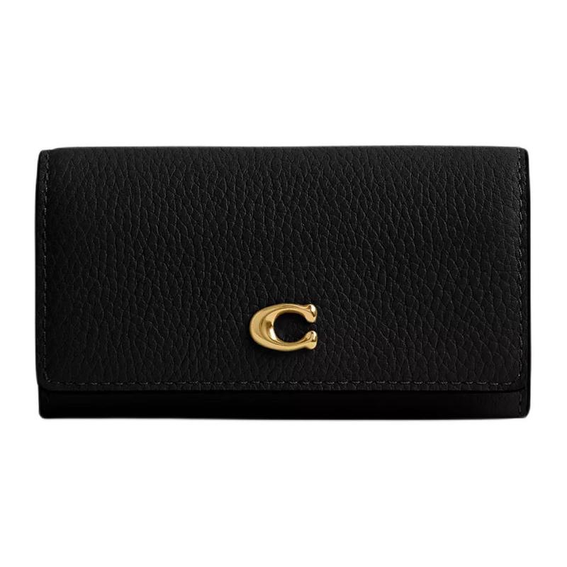 

COACH key case 11 metal logo snap closure polished pebbled leather key case women s brass with black Brass with black чорний