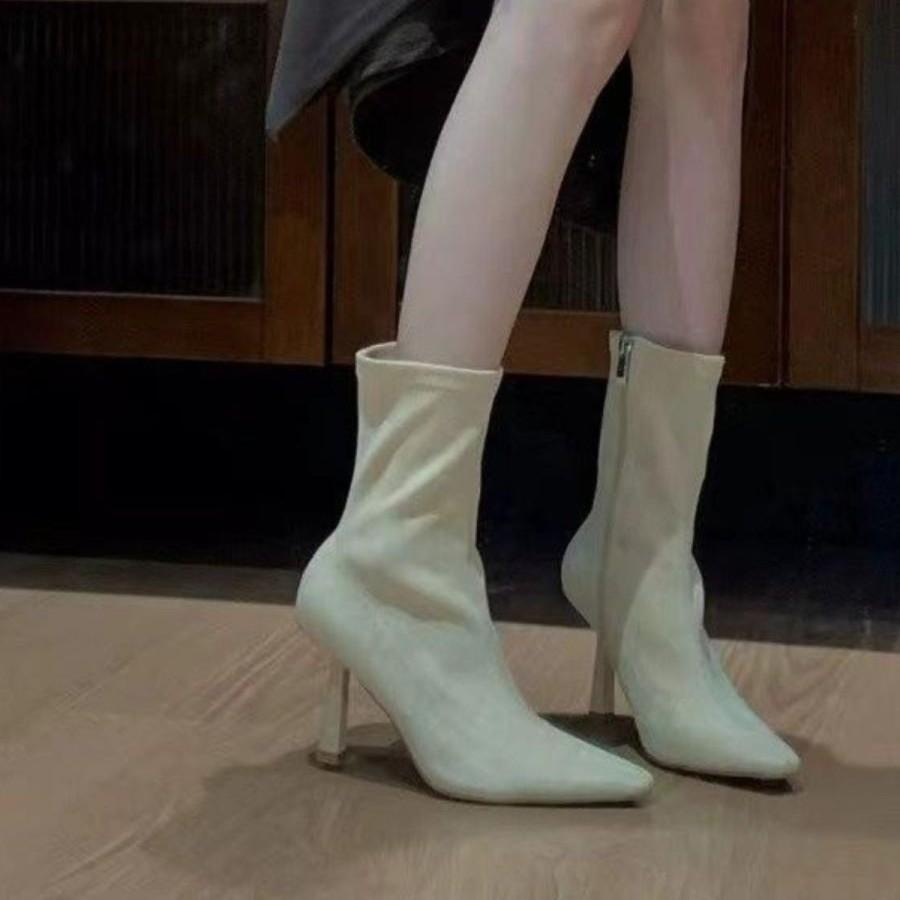 High heel thin elastic short boots women's 2025 autumn and winter new socks boots pointed thin heel beige Internet celebrity thin boots