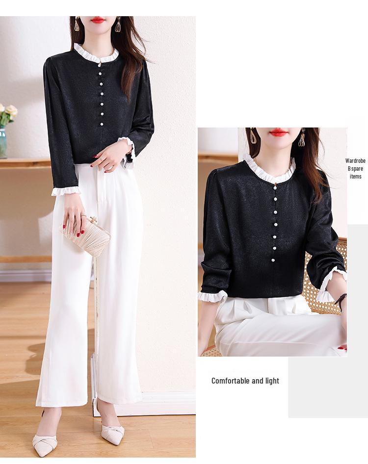 Beaded French Light Luxury Satin Shirt with Contrast Stitching - Spring 2025 Xiaoxiang Style Women's Top