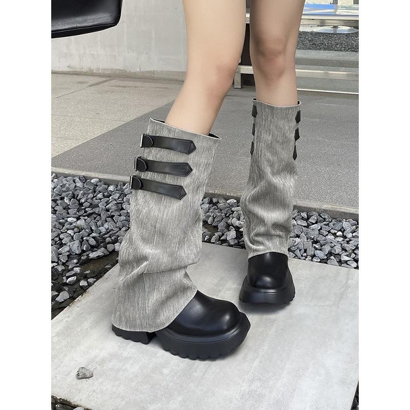 Spice Girl Belt Buckle Round Head Thick Heel Knight Boots Women's Vintage Skinny Pants Tube Tall Boots