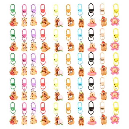 24/50Pcs Capybara Keychains Set Cartoon Resin Doll Charm Keychains Metal Key Ring