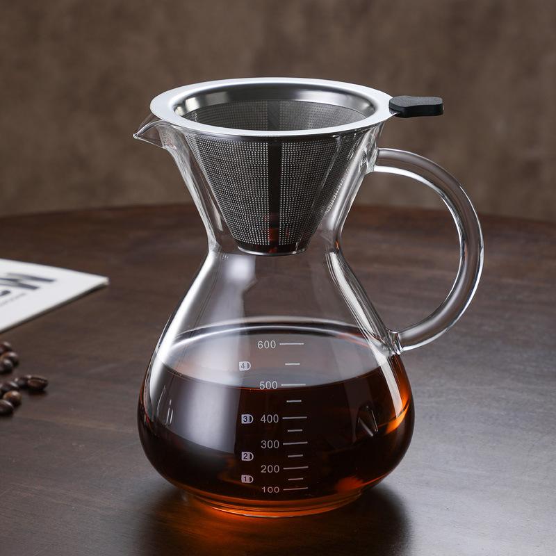 Kaffeekanne mit Glasgriff, Kaffeekanne zum Teilen mit 304 Edelstahlfilter, Drip-Handaufbrühkanne