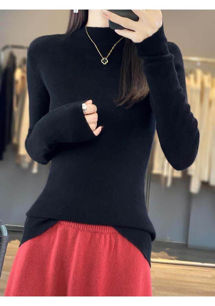 Women's Warm Embroidered High Neck Knit Wool Sweater - Semi-Thin Pullover for Autumn/Winter