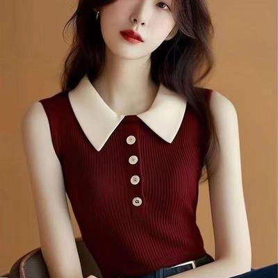 2026 Summer Chic French Style Age-Reducing Knit Sleeveless Women's Color Block Lapel Vest