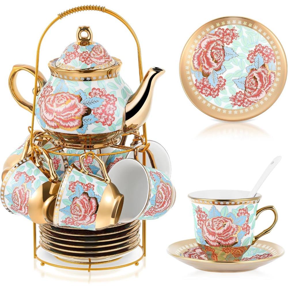 Adult Ceramic Tea Party Set (European Flower Painting Teapot, Teacup, Saucer, Spoon), Large (fresh Style)