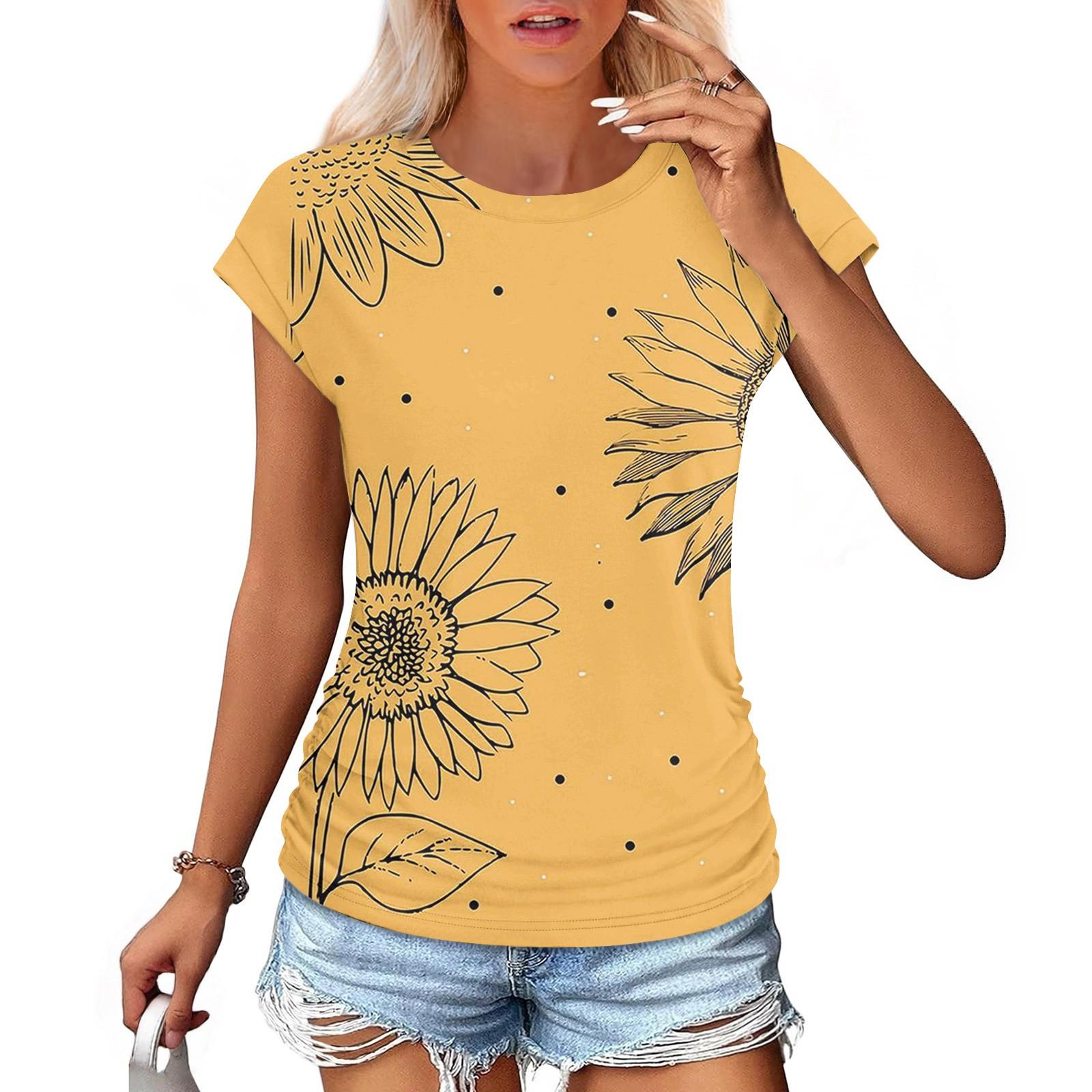 

Женская мода повседневная тонкая завязка на талии с закрытыми рукавами и круглым вырезом с винтажным принтом футболка XL жёлтый