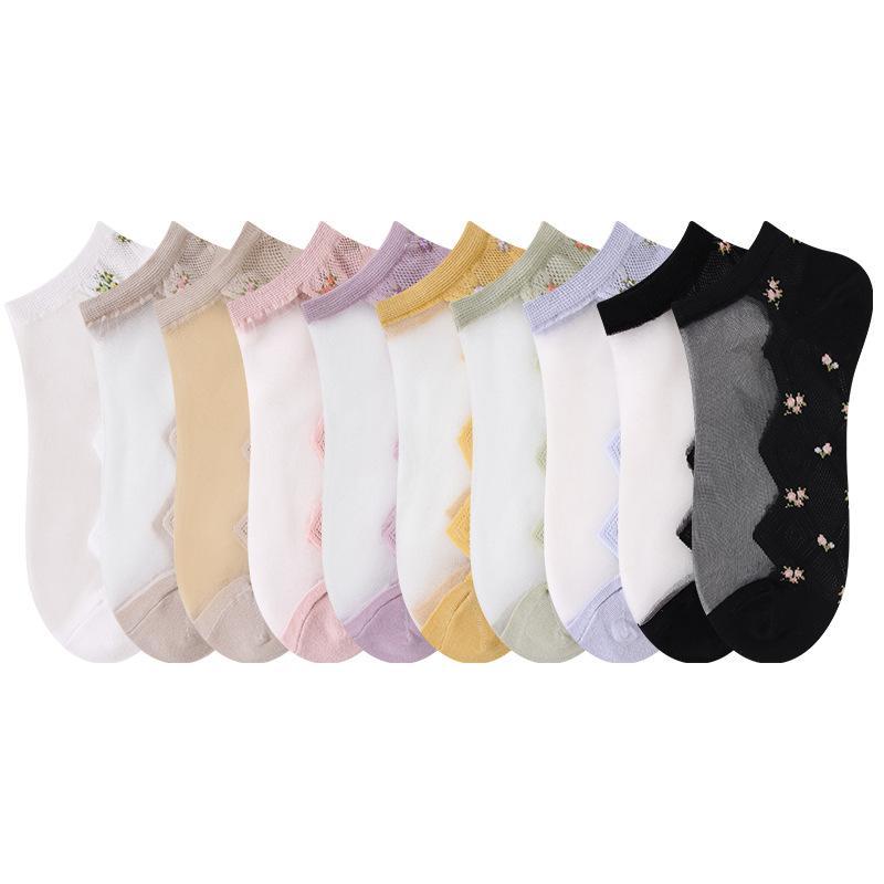 5 Pairs Socks Crystal Stockings Women's Summer Flower Crystal Socks Wicking Sweat Breathable Glass Socks