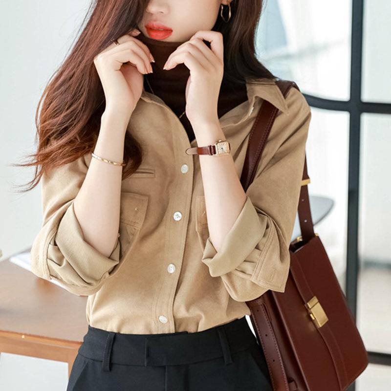 

Рубашка для поездок на работу из штабеля для женщин, осенний наряд, верхняя часть с внутренней рубашкой в стиле темперамент, блузки и рубашки XXL хаки