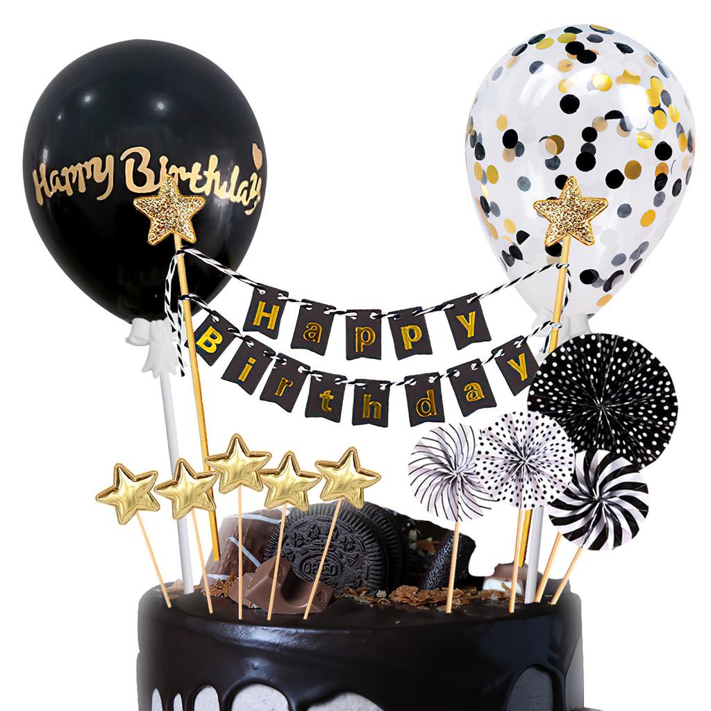 Birthday Cake Decoration Set with Balloons, Stars, Fans and Banners for Party Supplies