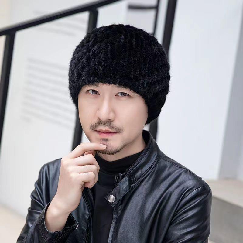 Winter Men Outdoor Keep Warm Genuine Mink Fur Hat Natural Knitted Mink Fur Hats Male Elasticity Thick Real Mink Fur Caps