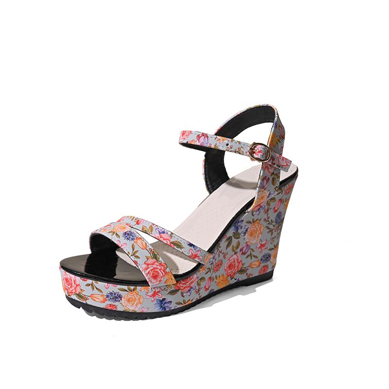 Fashion Summer New Wedge-heeled Sandals Women Fashion Round Head Print Open-toe Line with Waterproof Platform High Heels