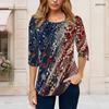 Women Plus Size Round Neck Three Quarter Sleeve Printed T Shirt Red Navy Silver Star Pattern Curved Hem
