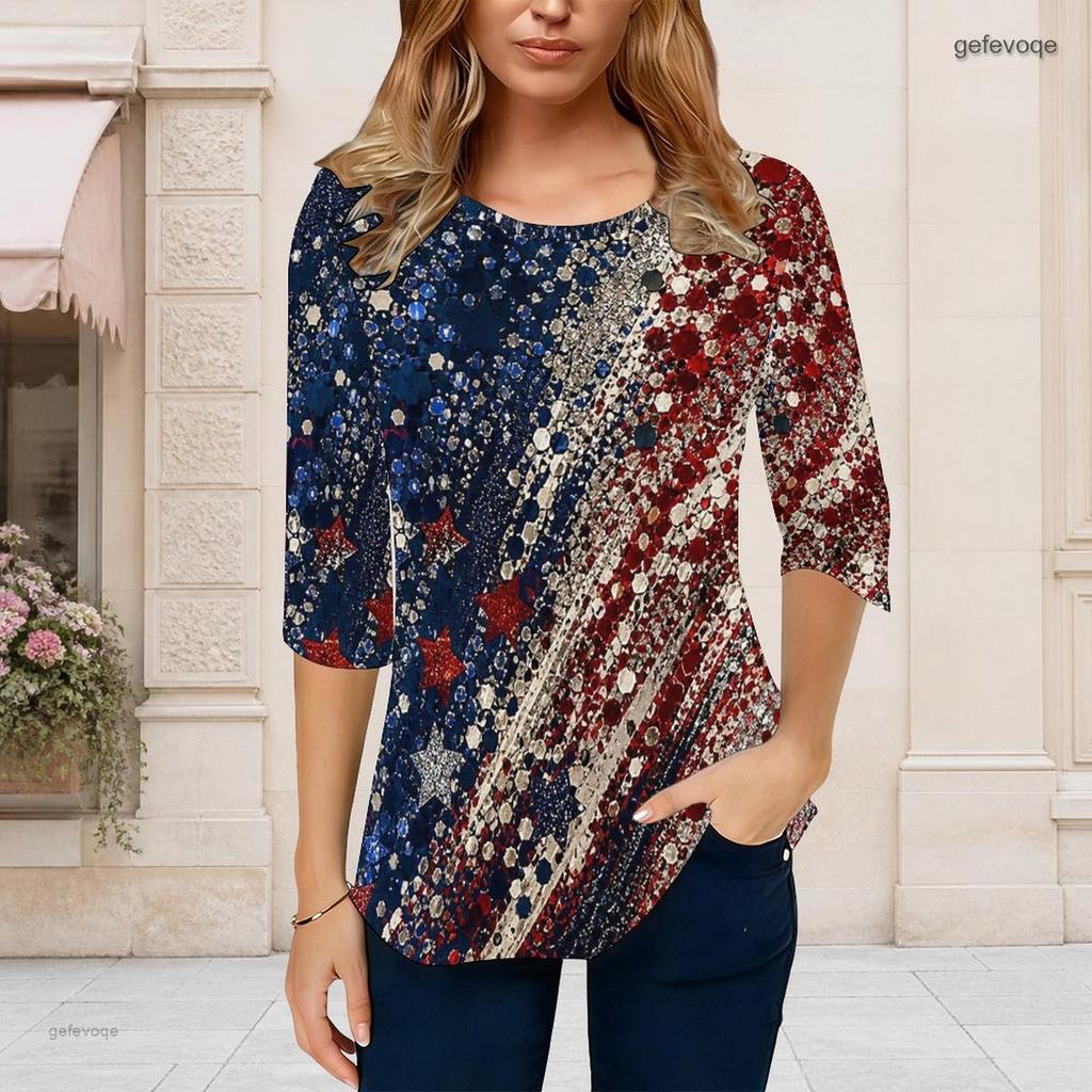 Women Plus Size Round Neck Three Quarter Sleeve Printed T Shirt Red Navy Silver Star Pattern Curved Hem