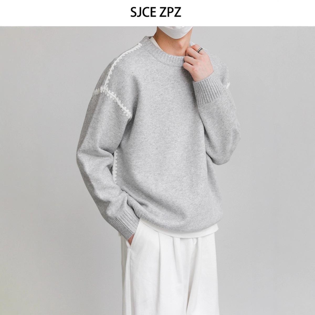 

2025 Men s Autumn/Winter Color Block Heavyweight Knitwear - Warm, Loose, Thick, and Cozy Round Neck Sweater M сірий колір