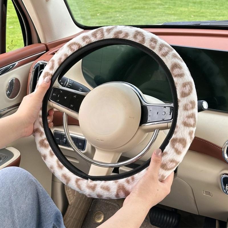 Leopardenmuster Auto Lenkradbezug Winter Plüsch warm rutschfest ohne Innenring Lenkradschutzbezug