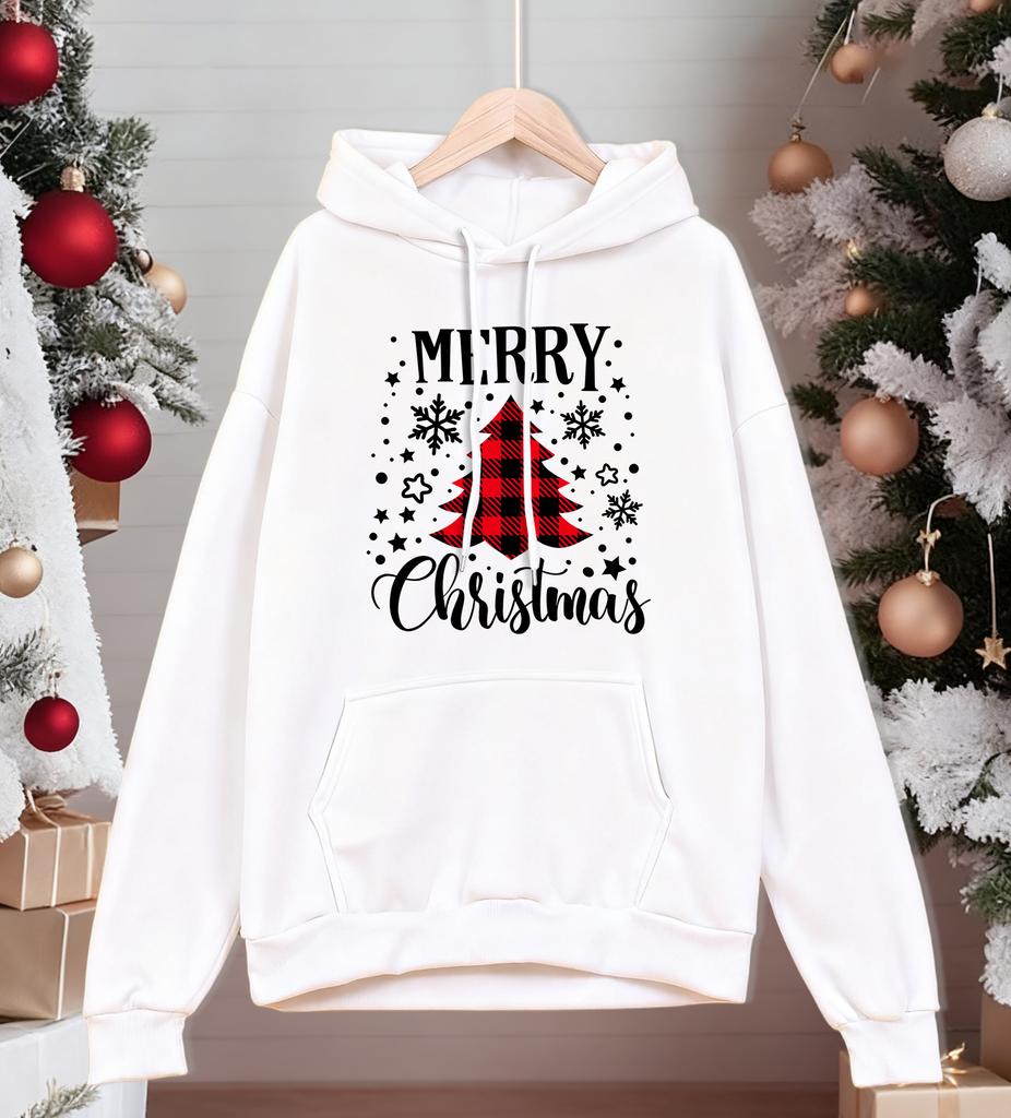Merry Christmas Red Grid Tree Printing Hoodies Mens All-Match Casual Hoody Pocket Fleece Streetwear Comfortable Male Pullover
