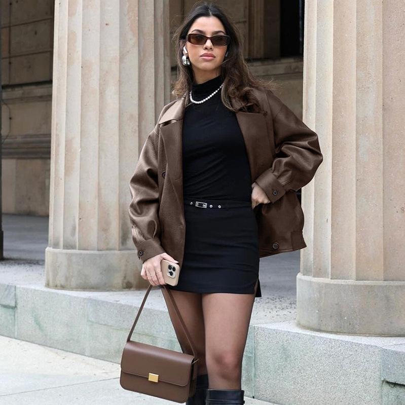 Casual Leather Jackets Women Loose V Neck Double Breasted Fashion Coats Female Autumn Winter Long Sleeves PU Outwears Lady