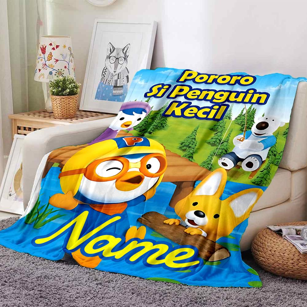 Custom Name Pororo Friends Flannel Blanket for Super Soft Cute Comfort Blanket for Travel Bedding Couch Sofa Blanket