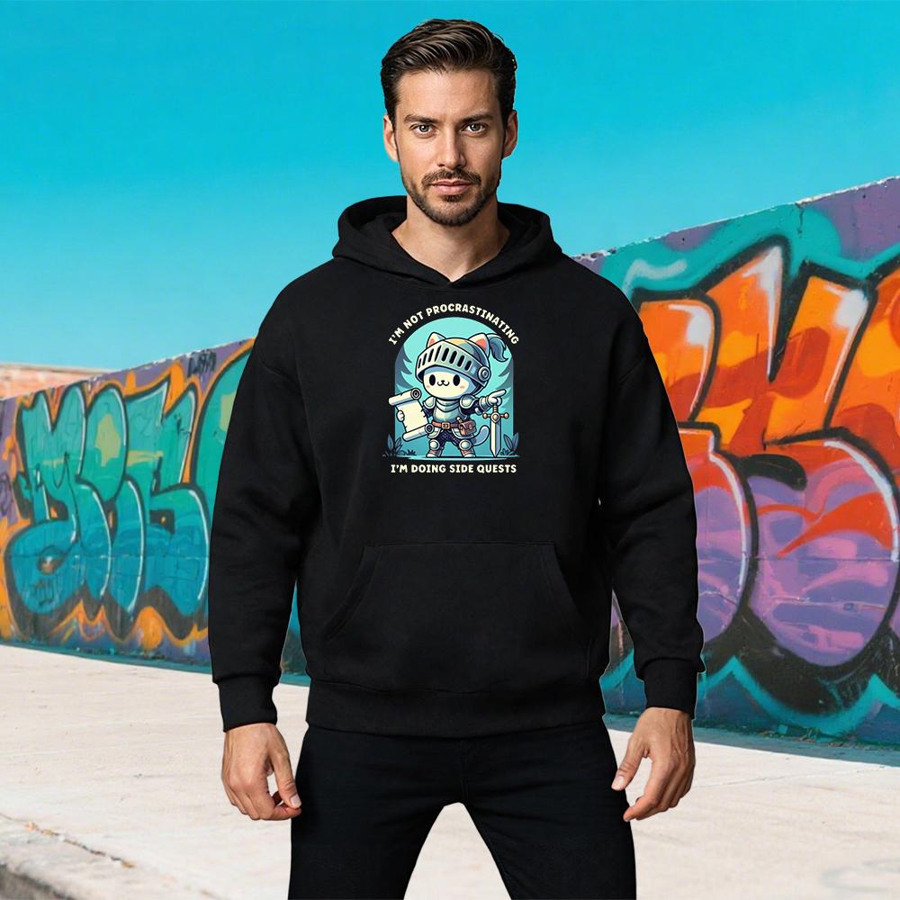 Men's Hoodie New Cute Cat Knight Print Sweatshirt Casual Loose Pullover Long Sleeve Streetwear Autumn Winter Outdoor Sports Tops