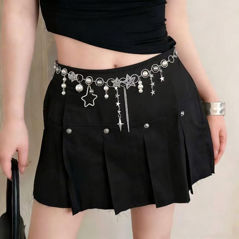 Glänzende Strassstern Pentagramm Taillenkette Für Frauen Bling Kristall Perlenkette Quaste Gürtel Körperkette Y2K Schmuck