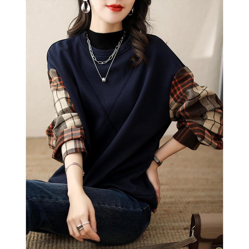 Women's Autumn and Winter T-shirt New Fashion Loose Plaid Splicing Round Neck Fake Two-piece Lantern Sleeve Sweatshirt