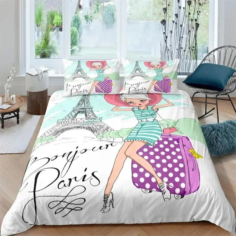 Musical Girl King Queen Duvet Cover Modern Fashion Girly Bedding Set for Kids Teens Adults Cartoon Hip Hop style Quilt Cover