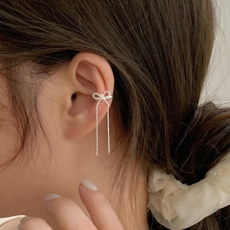 925 Silver Bow Tassel Clip Earrings for Women Light Luxury Fine Jewelry Minimalist Elegant Accessories