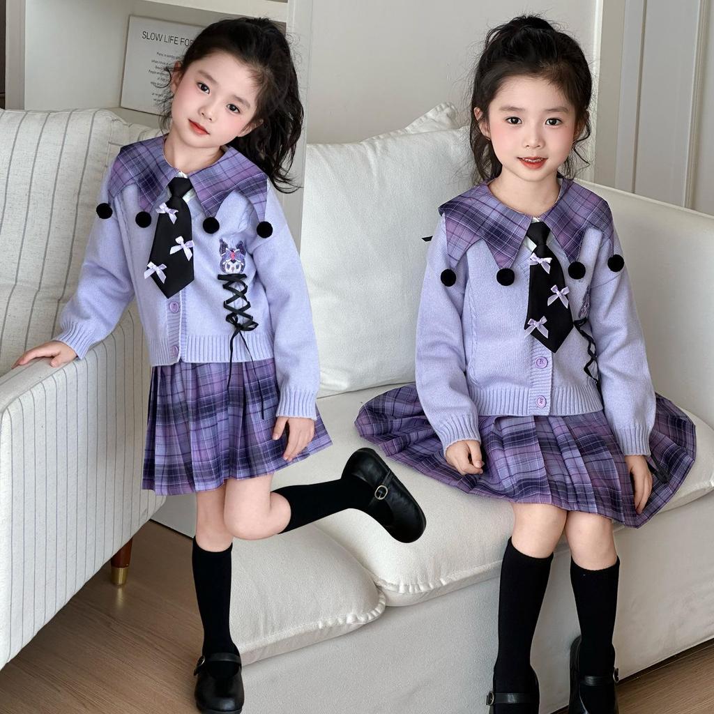 Kuromi School Style Girls' Cosplay Outfit: Sweater, Shirt, Plaid Skirt - Three-Piece Set for Spring/Autumn Performance.