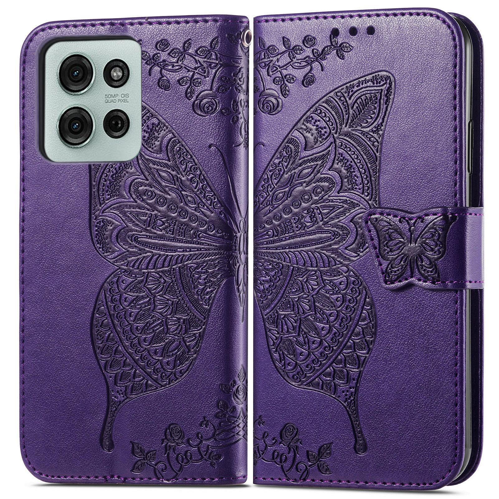 

For Motorola Moto G75 5G Case PU Leather Wallet Phone Cover Butterfly Pattern Dark Purple