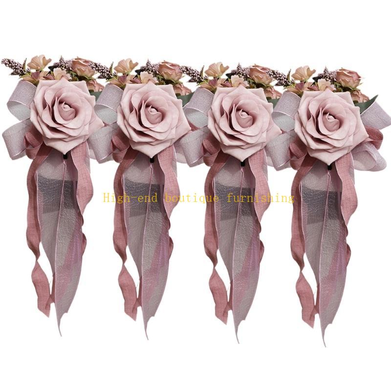 Set mit 4 eleganten Blumen-Schleifen-Anhängern für Hochzeitsauto-Gläser und Türgriffe