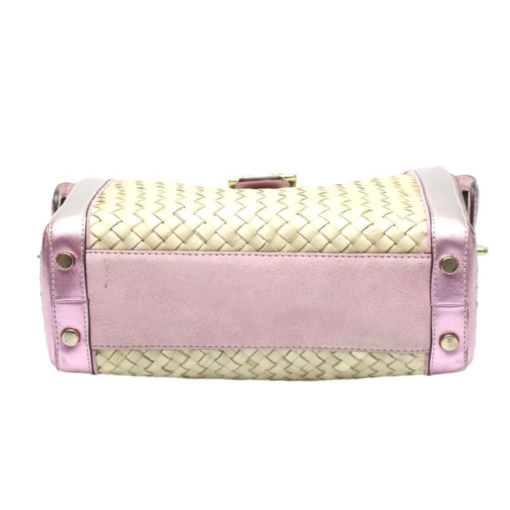 COACH basket straw Handbag leather Pink x Beige Women 4419 Used