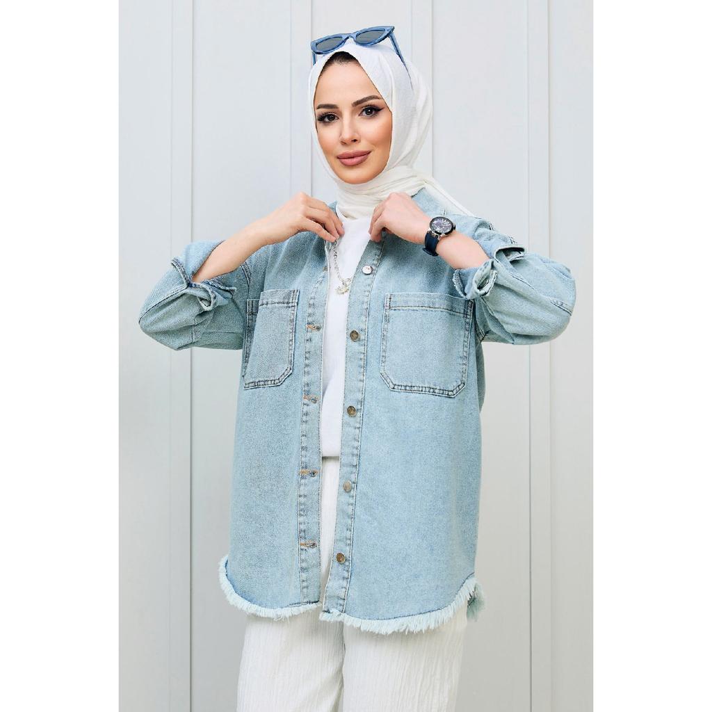 Straight Shirt Collar Women's Blue Denim Shirt - 11394