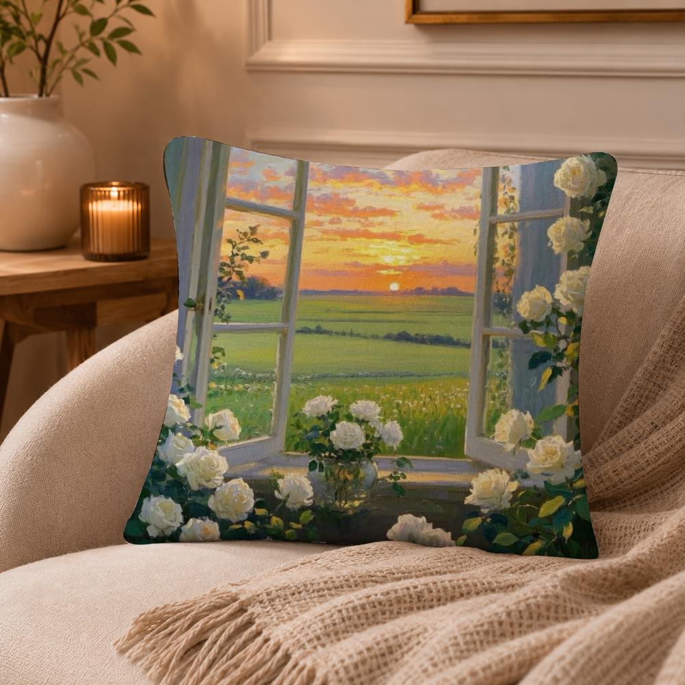 Landscape painting style Cushion Cover Anti-dustmite Pillowcase Invisible zipper silky short plush Sofa cushion cover