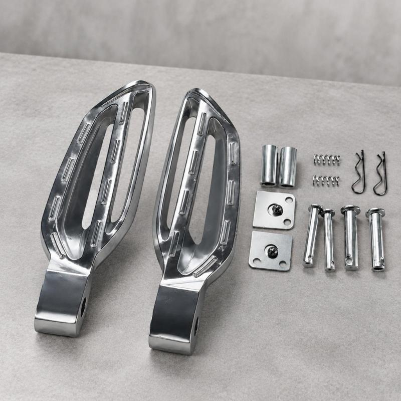 Motorcycle Passenger Footboards, Aluminum Rear Support Pair with Open-Frame Bodies, Ridged Treads, and Mounting Hardware