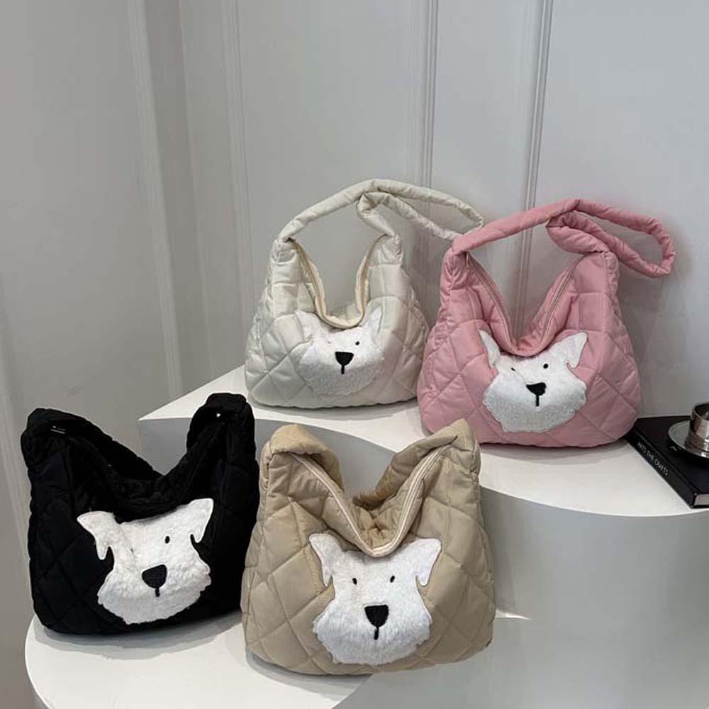 Large Capacity Plaid Messenger Bag Foldable Cartoon Dog Handbag Thickened Cotton Bag Winter