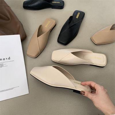 Fashion Big Size Fashion Casual Half Slippers for Women New Designer Summer Square Head Mules Female Solid Color Flat Shoes Ladies