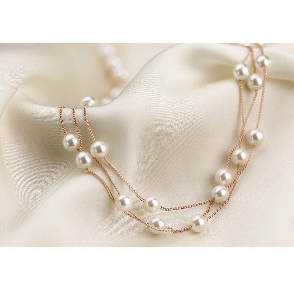 [K.L.Y] Women's Pearl Necklace, 18K RGP, Triple Strand Station Necklace and Bracelet Set, Gift for Office, White Day (Pink Gold)