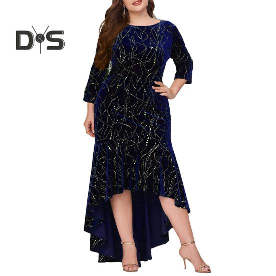 Women Evening Dress Three Quarter Sleeve Irregular Hem Round Neck Plus Size Slim Fit High Waist Swallowtail Elegant Maxi Dress Prom Party Clothes