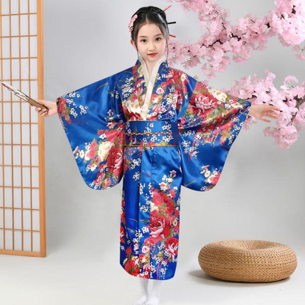 Printed Floral Kids Sakura Girl  Kimono Dress Kids Japanese Style Yukata Bathrobe  Fireworks