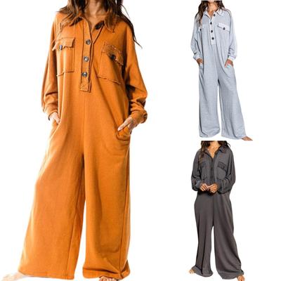 Women's Casual Lapel Neck Long Sleeve With Pockets Comfort Jumpsuit