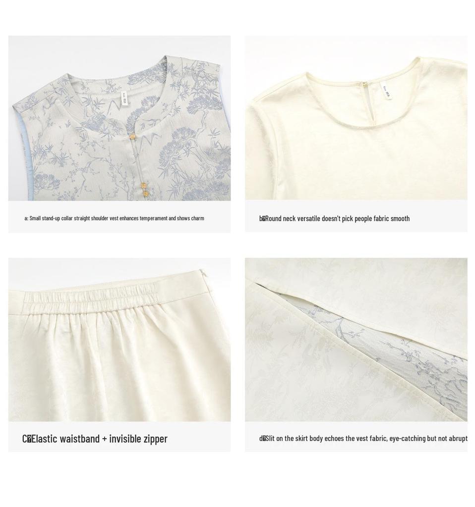 Plus Size Bamboo Pattern Embroidered Vest, Shirt and Midi Skirt Set