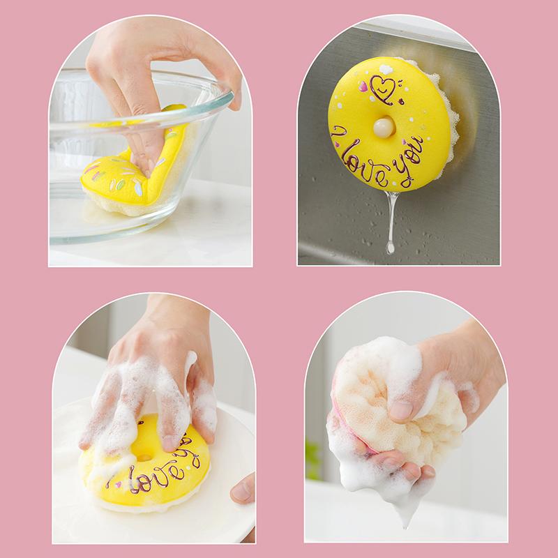 Dish Sponge With Suction Cup Non-Scratch Donut Sponge Set With Suction Cup Quick Drainage Dishwashing Brush For Kitchen